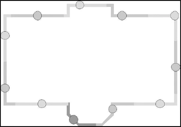 Figuur 2.6.b, Voorbeeld van waarneemlocaties in de omgeving van een gebouw volgens de geval-2-procedure