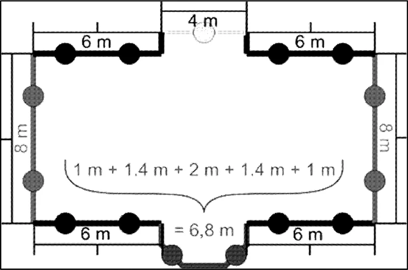 Figuur 2.6.a, Voorbeeld van waarneemlocaties in de omgeving van een gebouw volgens de geval-1-procedure