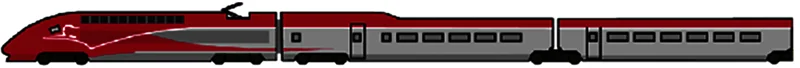 Een Thalys bestaat uit 10 geledingen en telt als 1 rekeneenheid 200 m . Getoond zijn de eerste 3 geledingen.